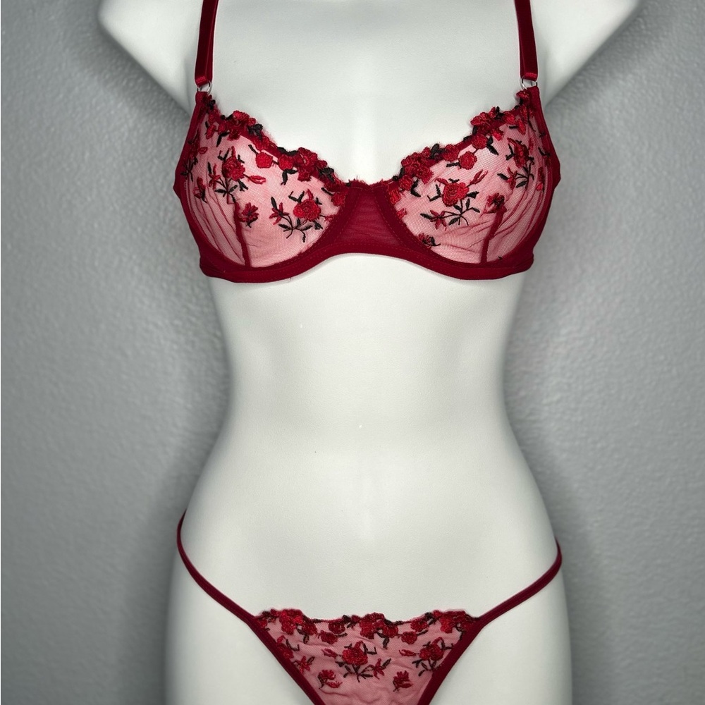 Elegant Red Floral Embroidered Lingerie Set
